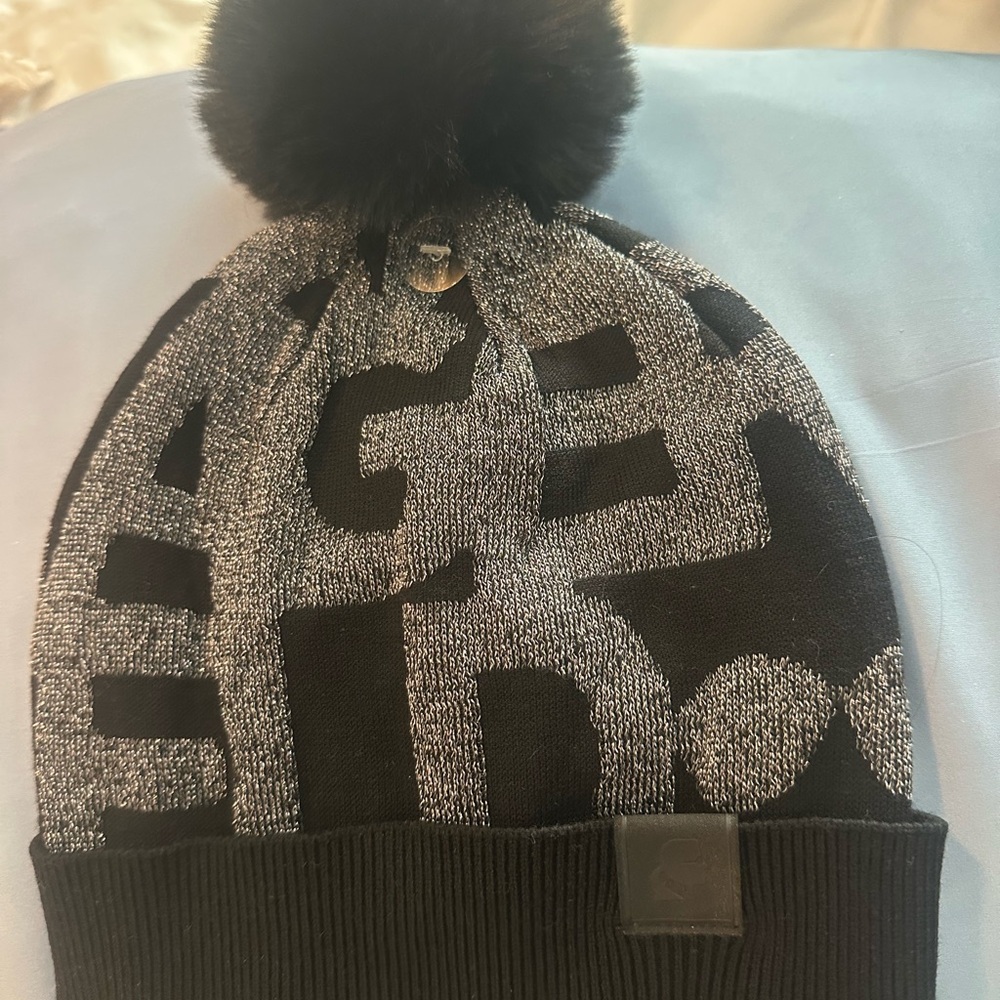 Karl Lagerfeld Black and Gray Kids Beanie with Pom-Pom